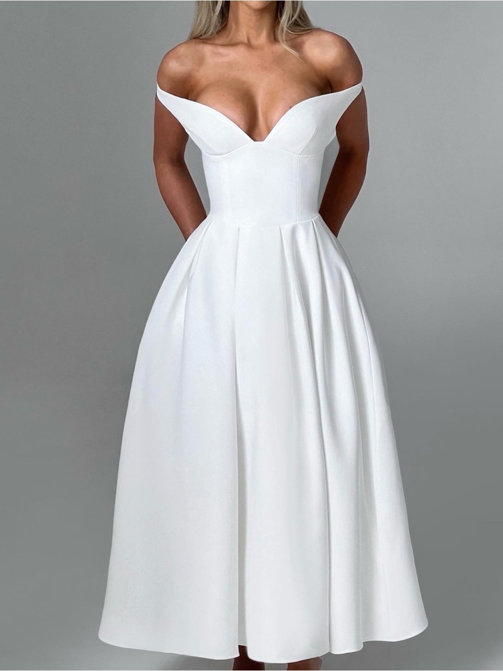 Never worn with tags BABYBOO Elegant Off-Shoulder White A-Line Midi Dress - Picture 2 of 3
